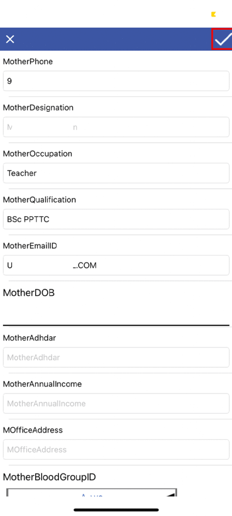 mother details for registration